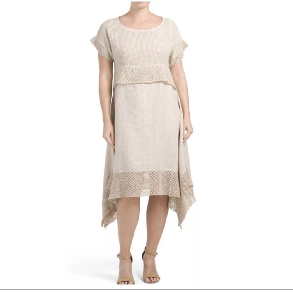 7 Agosto Women's Beige Short Sleeve Lagenlook‎ Prairie Midi Dress Size XL